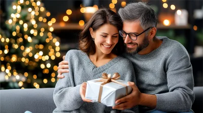 Couple Exchanging Christmas Gift At Home