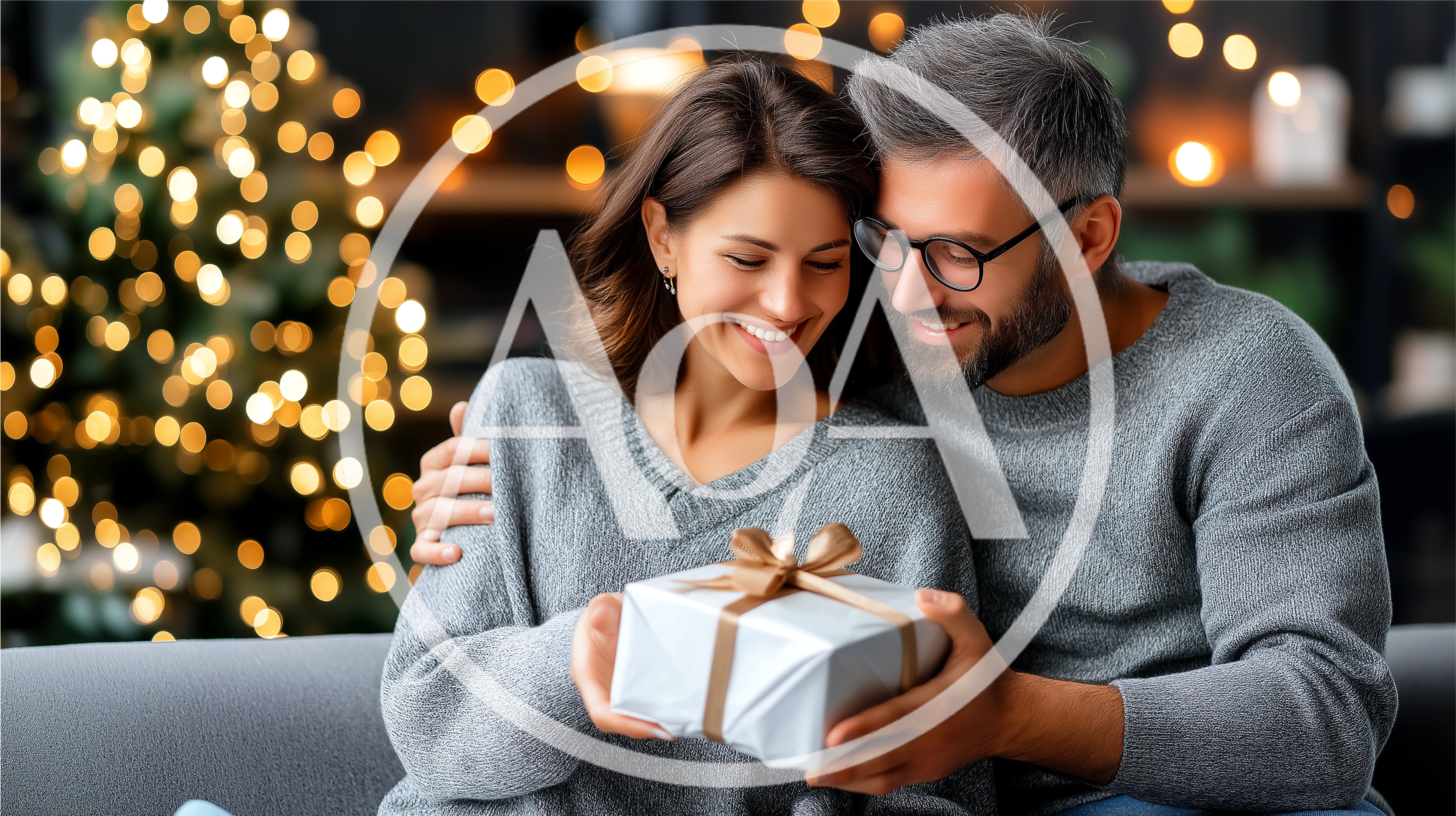 Couple Exchanging Christmas Gift At Home