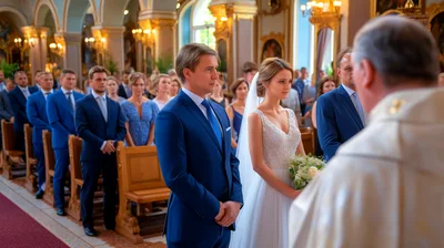 Bride and Groom Standing at Altar During Wedding Ceremony
