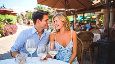 Young Couple Enjoying Romantic Dinner at Outdoor Restaurant