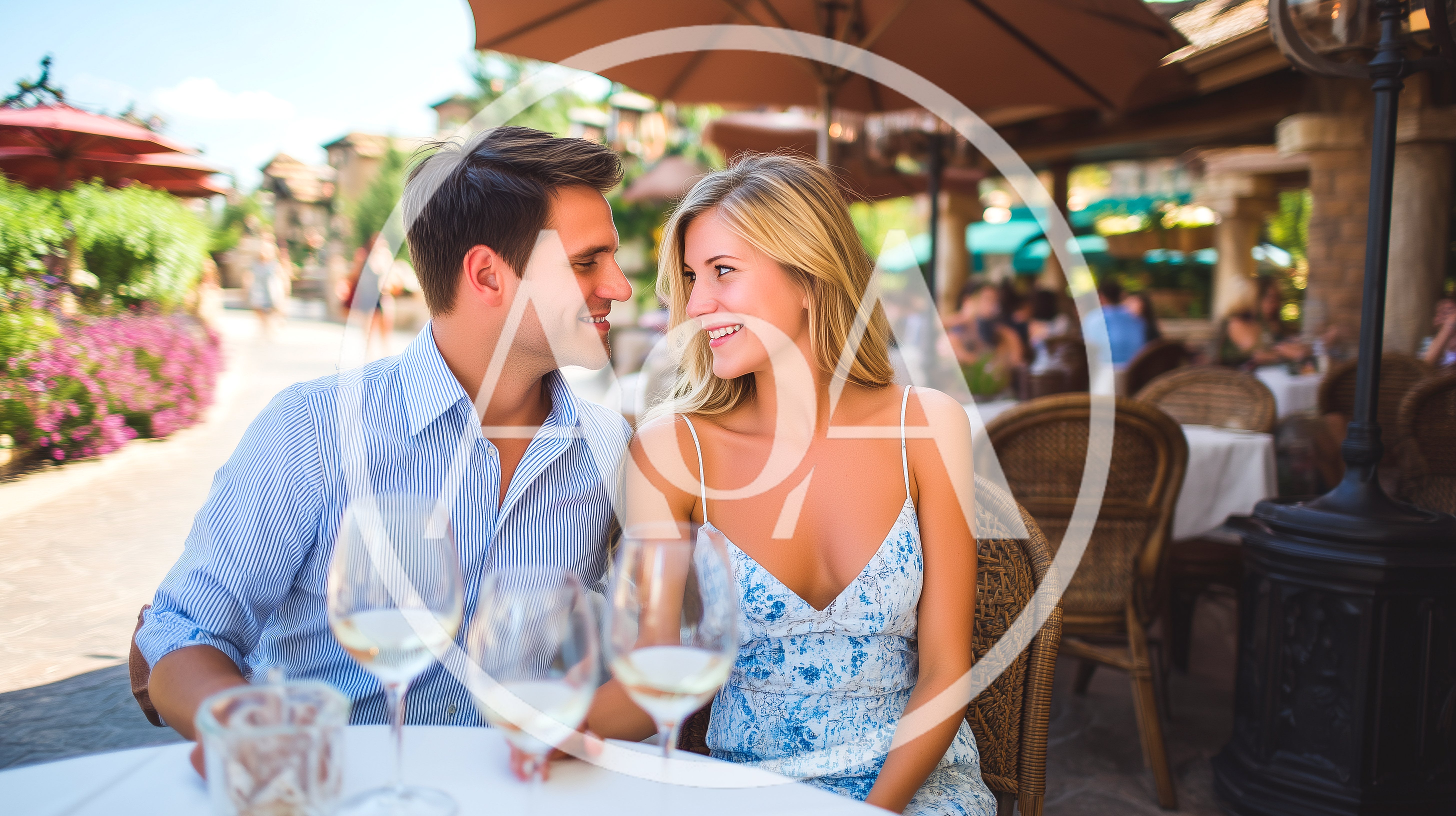 Young Couple Enjoying Romantic Dinner at Outdoor Restaurant