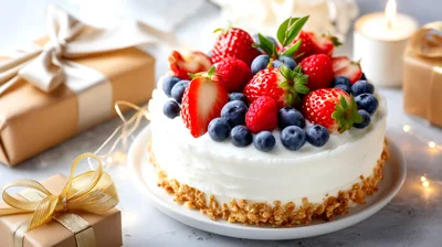Festive Strawberry And Blueberry Cream Cake With Gifts