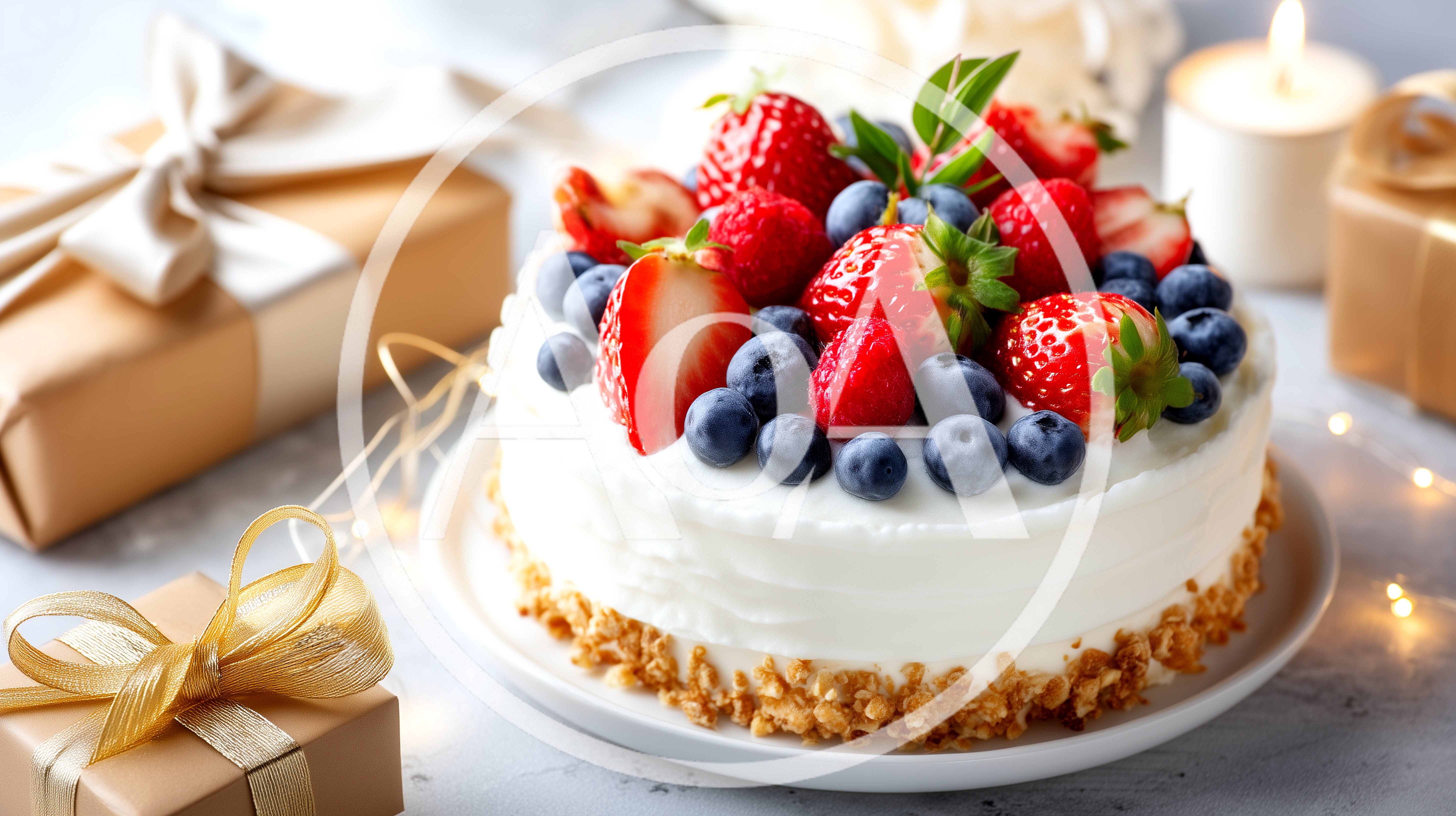 Festive Strawberry And Blueberry Cream Cake With Gifts