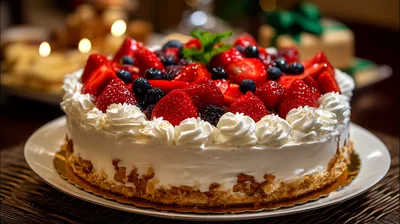 Fresh Berry Topped Cream Cake On A Serving Plate