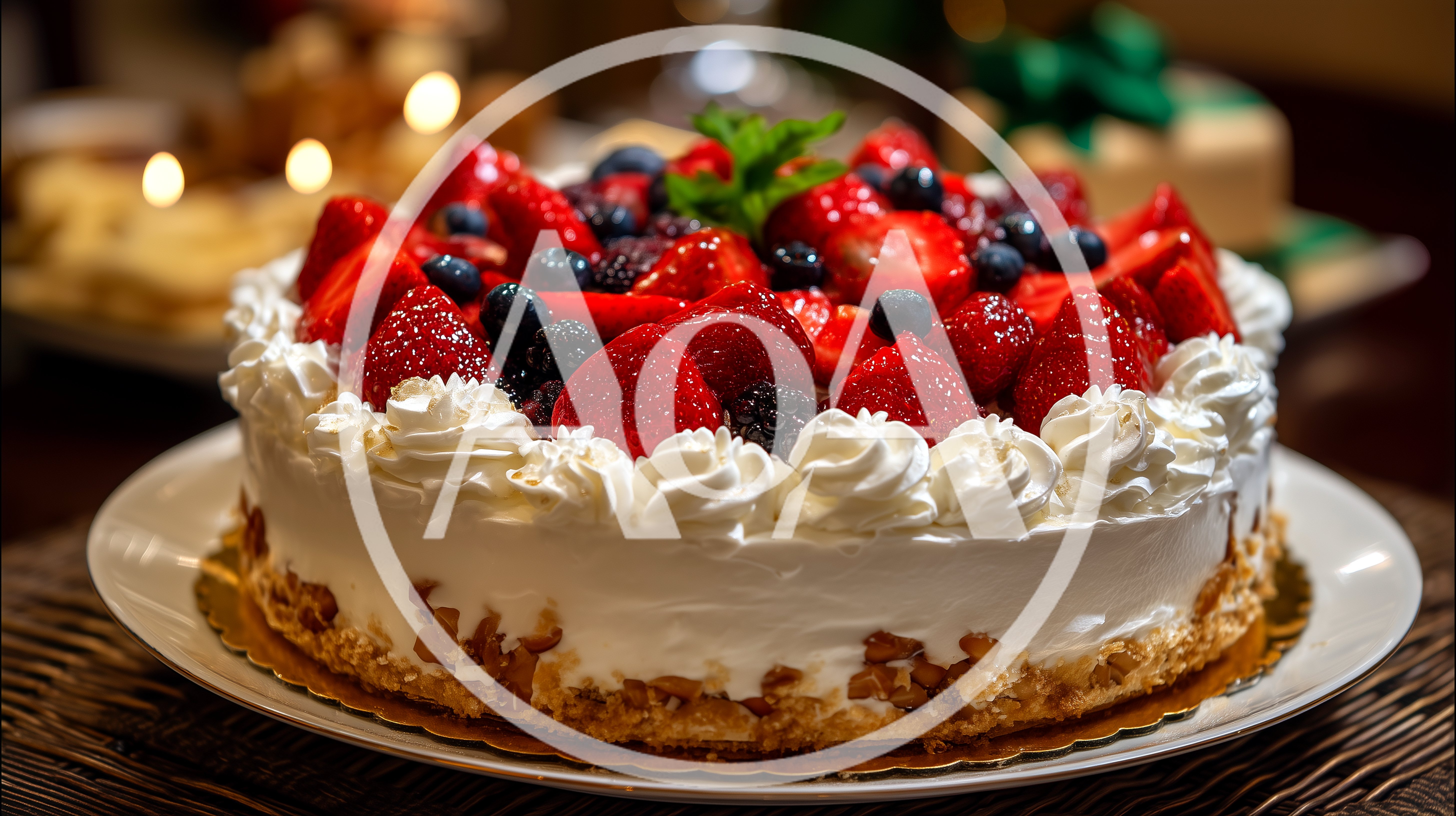 Fresh Berry Topped Cream Cake On A Serving Plate