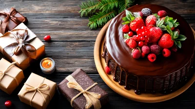 Chocolate Drip Cake With Berries And Christmas Gifts