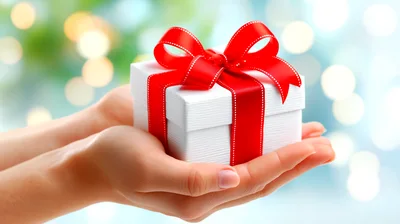 Hands Holding A White Gift Box With Red Ribbon