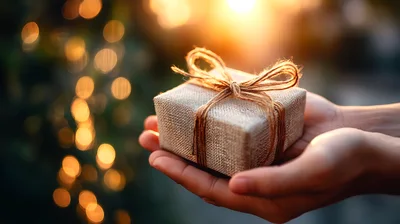 Hands Holding A Small Gift Wrapped In Burlap