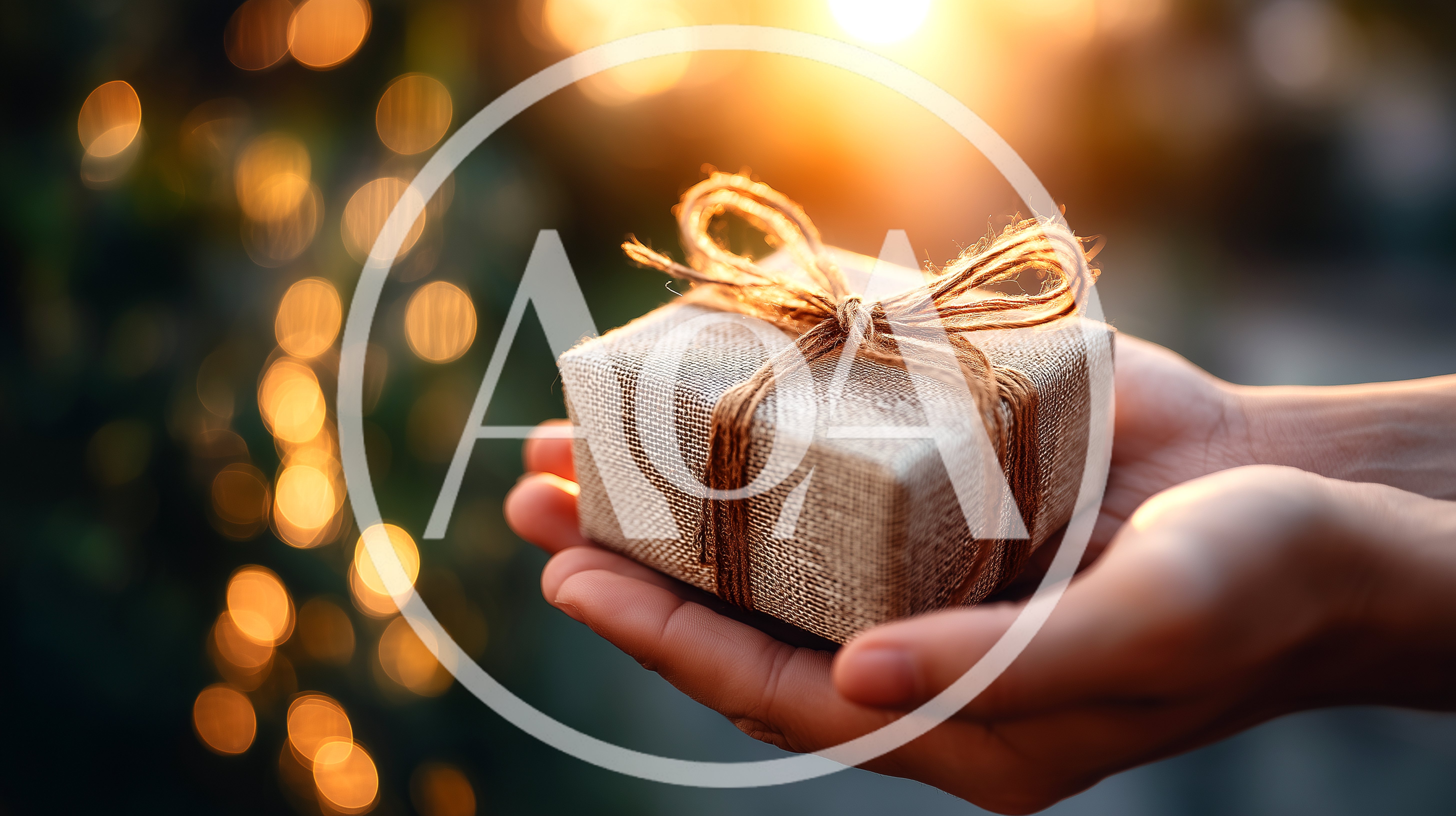 Hands Holding A Small Gift Wrapped In Burlap