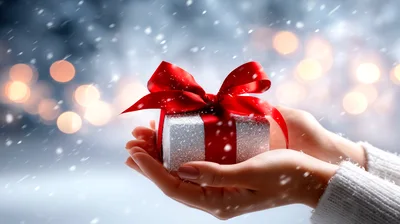 Hands Holding A Gift Box With Red Ribbon