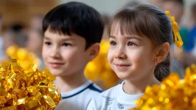 Young Children Holding Gold Pom Poms During School Performance