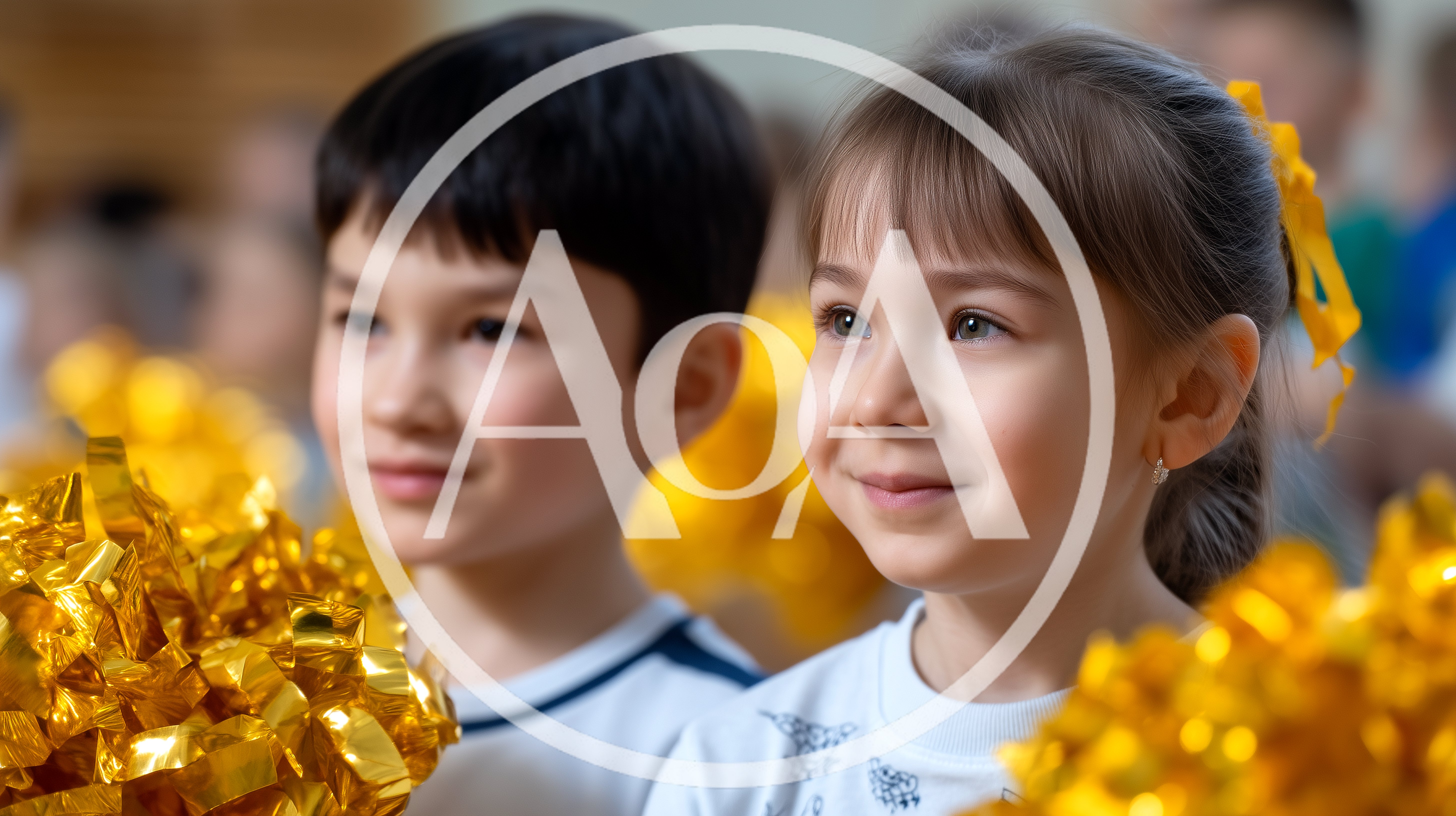 Young Children Holding Gold Pom Poms During School Performance