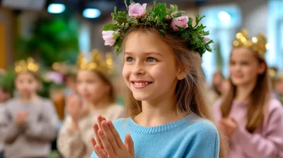 Young Girl Wearing Flower Crown Clapping During School Performance