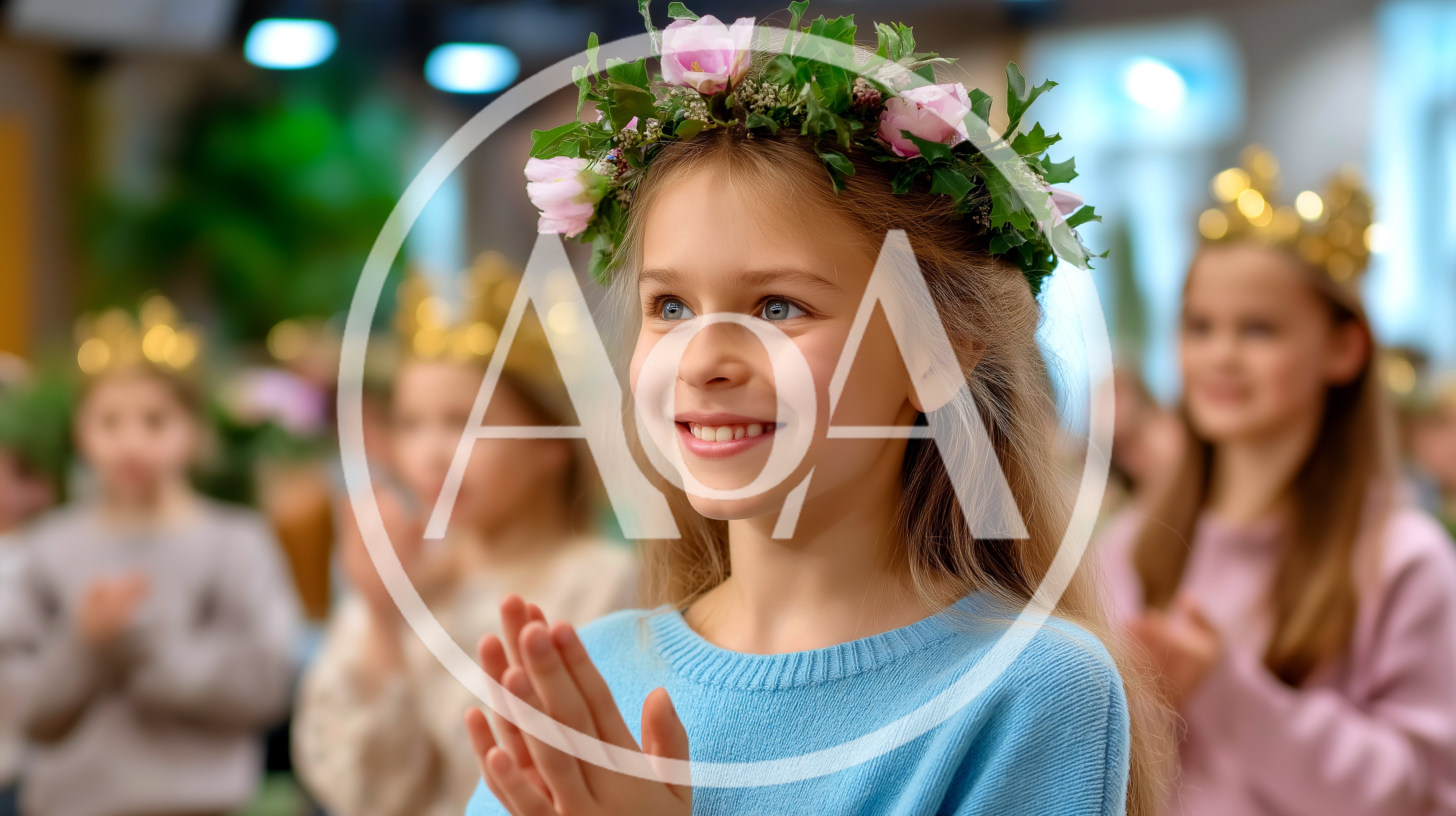 Young Girl Wearing Flower Crown Clapping During School Performance