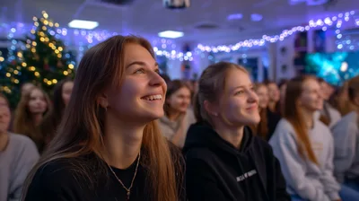 Young Women Watching Presentation in Festive Decorated Hall