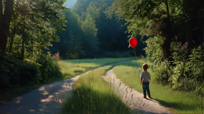 Young Child Holding Red Balloon on Forest Path