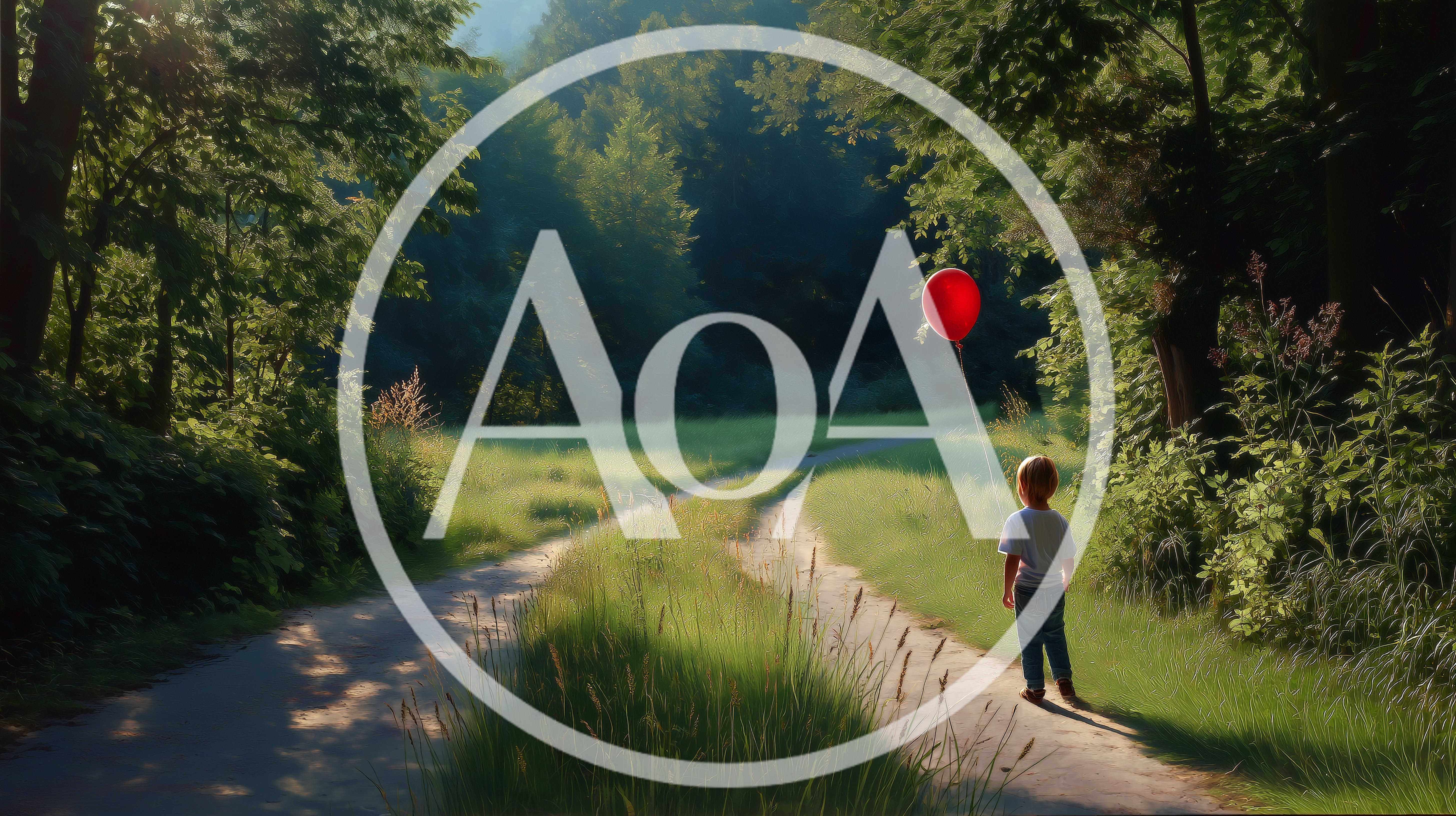 Young Child Holding Red Balloon on Forest Path