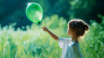 Young Girl Holding A Green Balloon In A Meadow