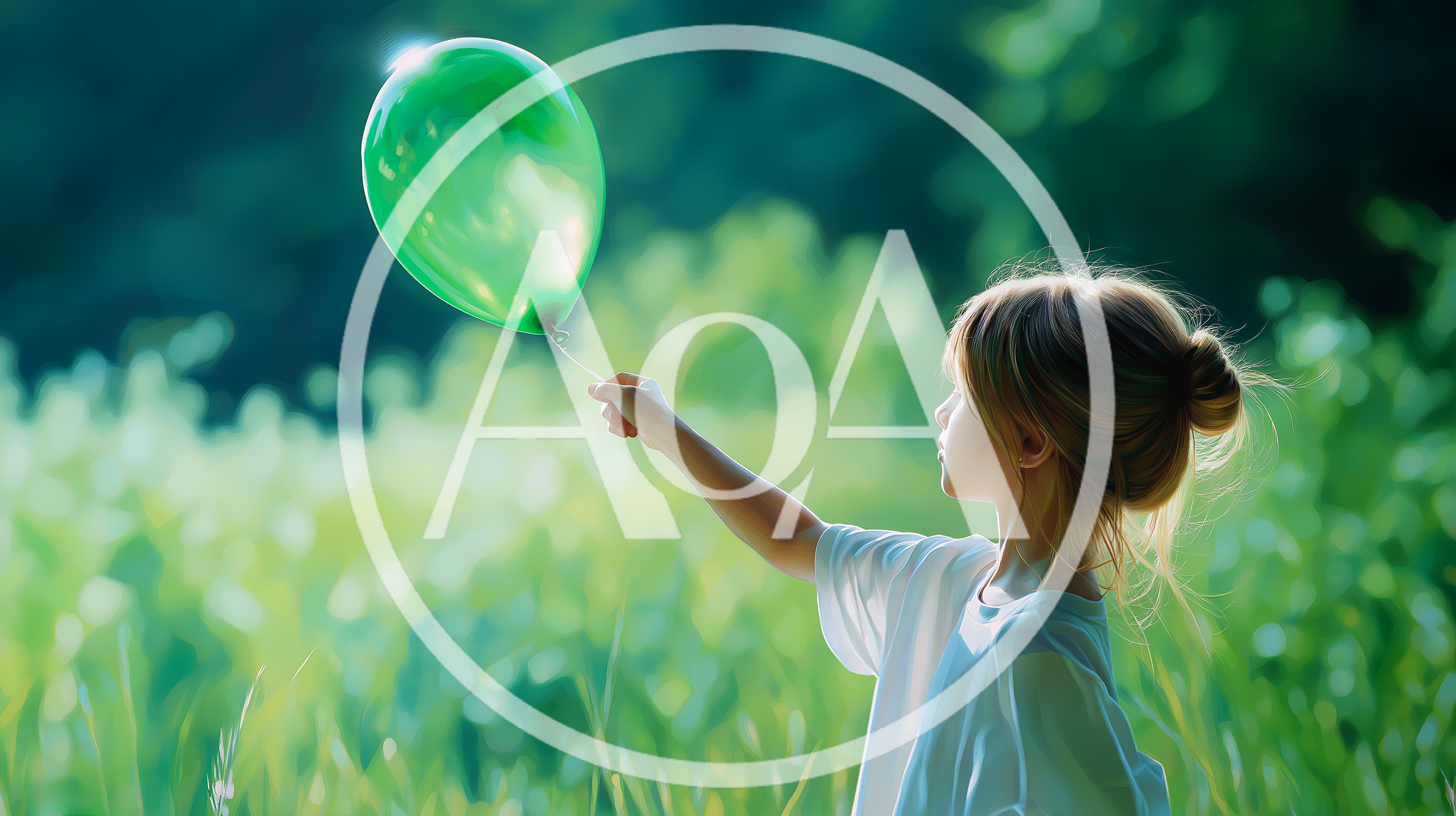 Young Girl Holding A Green Balloon In A Meadow