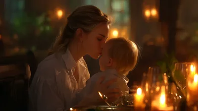 Mother Kissing Her Baby During A Candlelit Dinner