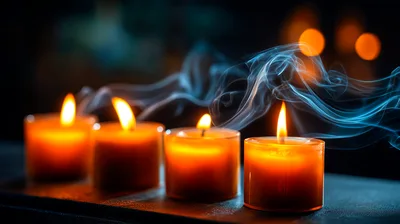 Four Lit Candles With Wisps Of Blue Smoke