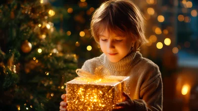 Young Child Holding A Glowing Christmas Gift