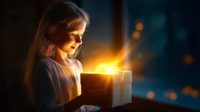 Young Girl Opening A Magical Glowing Gift Box