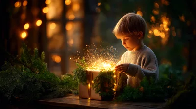 Young Boy Opening A Magical Glowing Christmas Gift