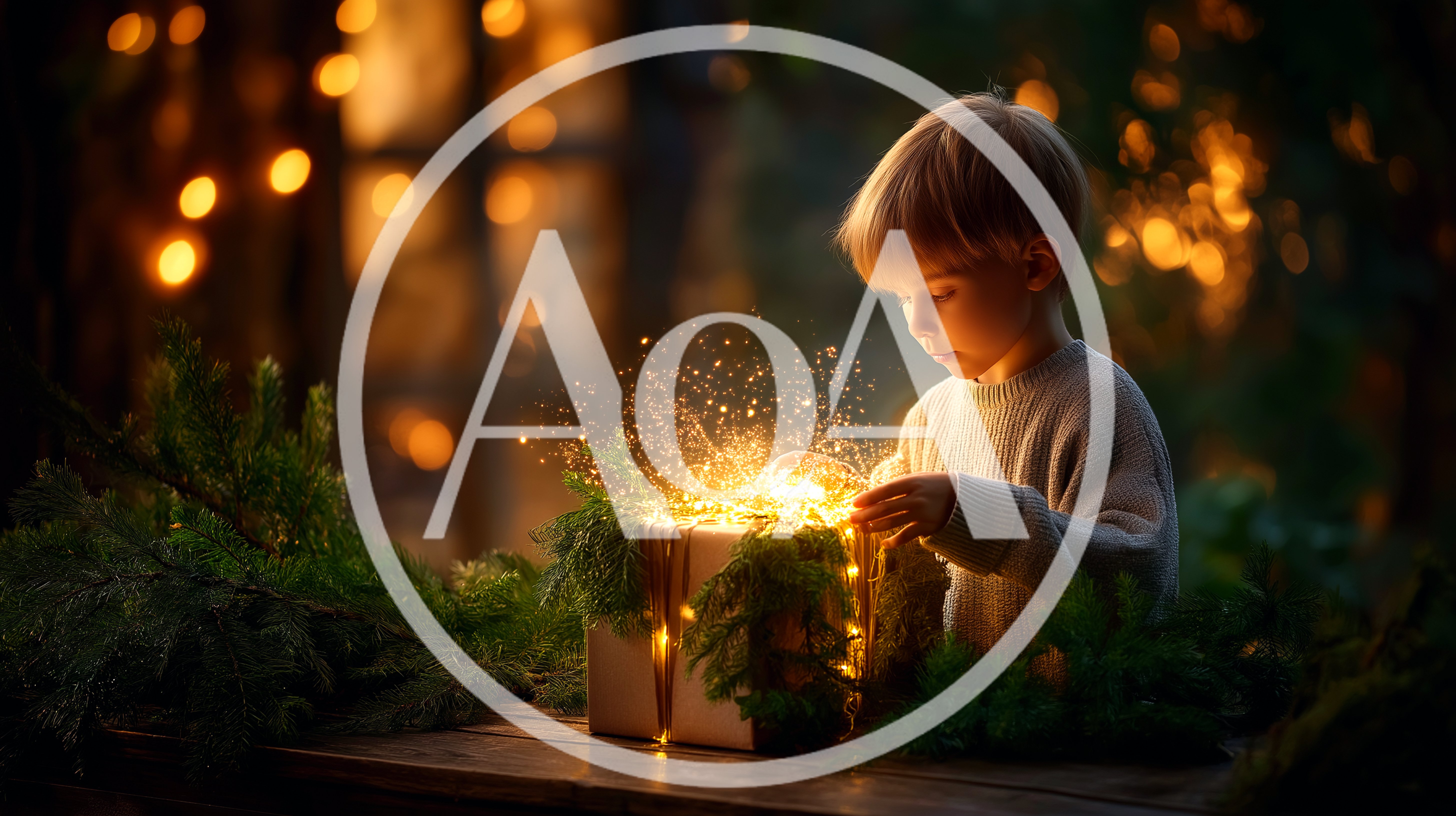 Young Boy Opening A Magical Glowing Christmas Gift
