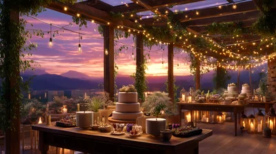 Outdoor Wedding Reception With Sunset Mountain View