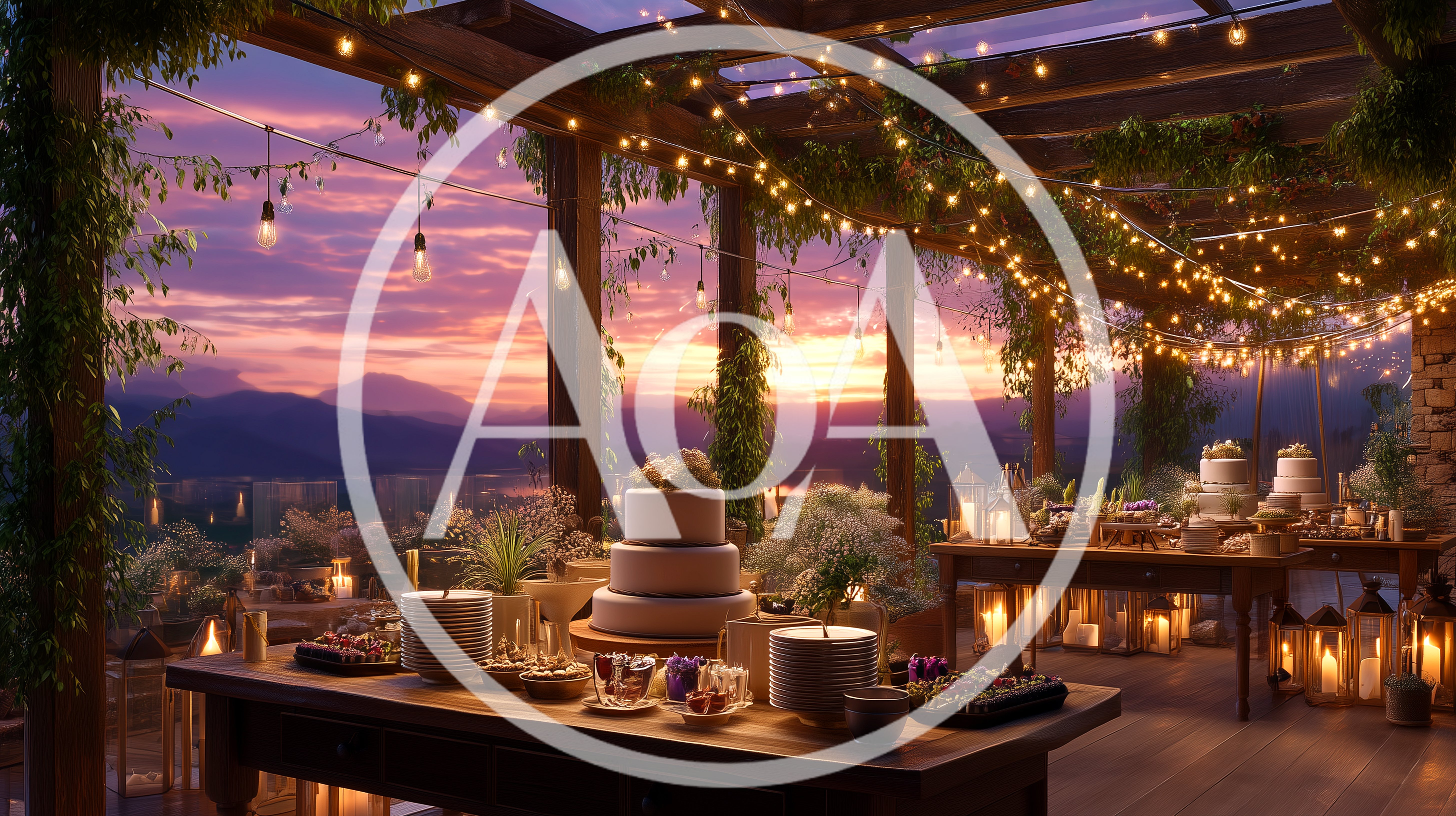 Outdoor Wedding Reception With Sunset Mountain View
