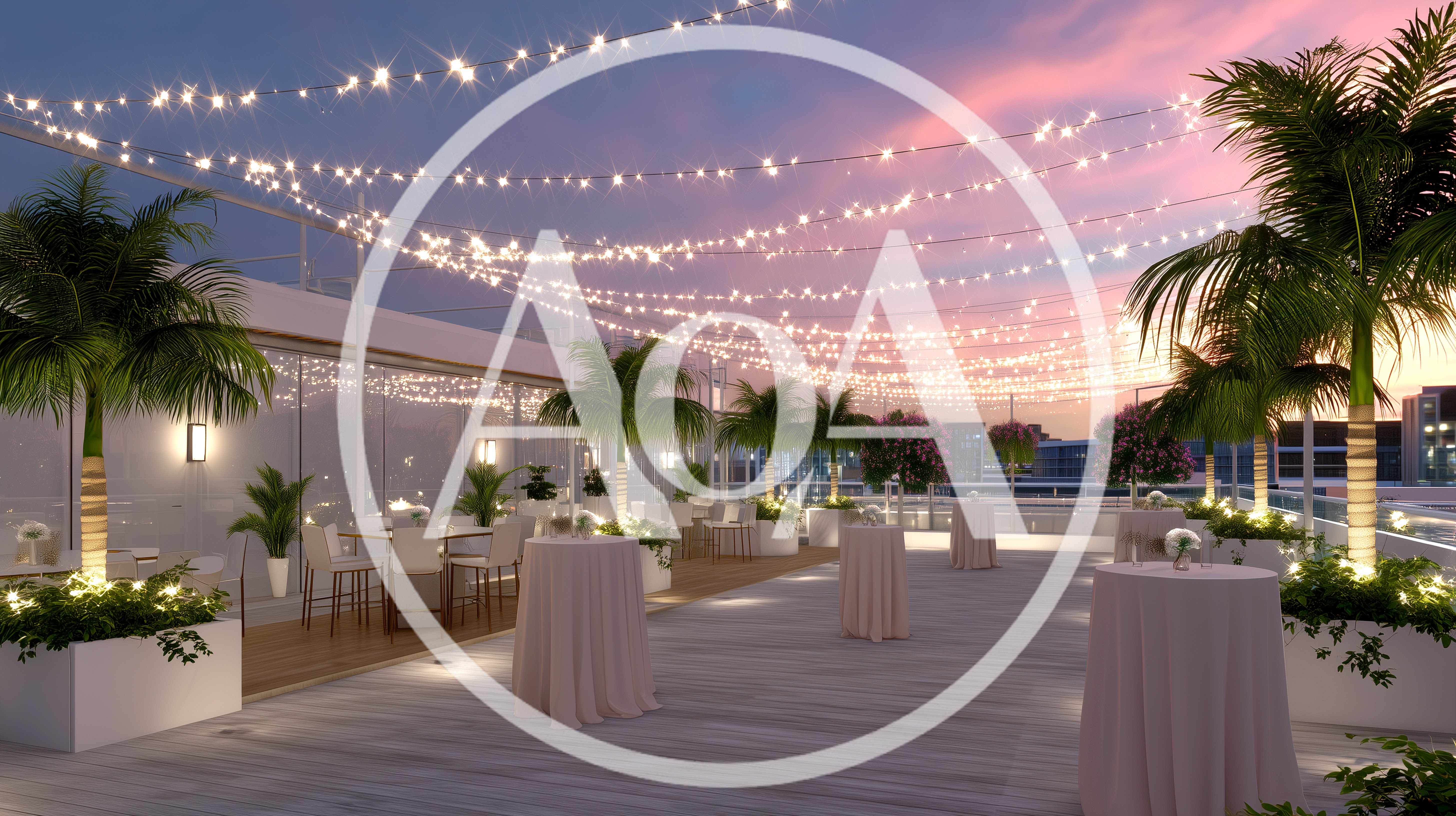 Rooftop Terrace Event Space With String Lights At Sunset