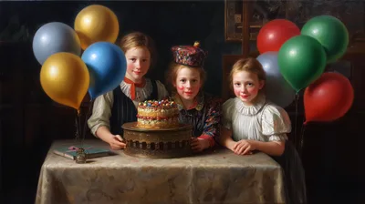 Three Children Celebrating Birthday With Cake And Balloons