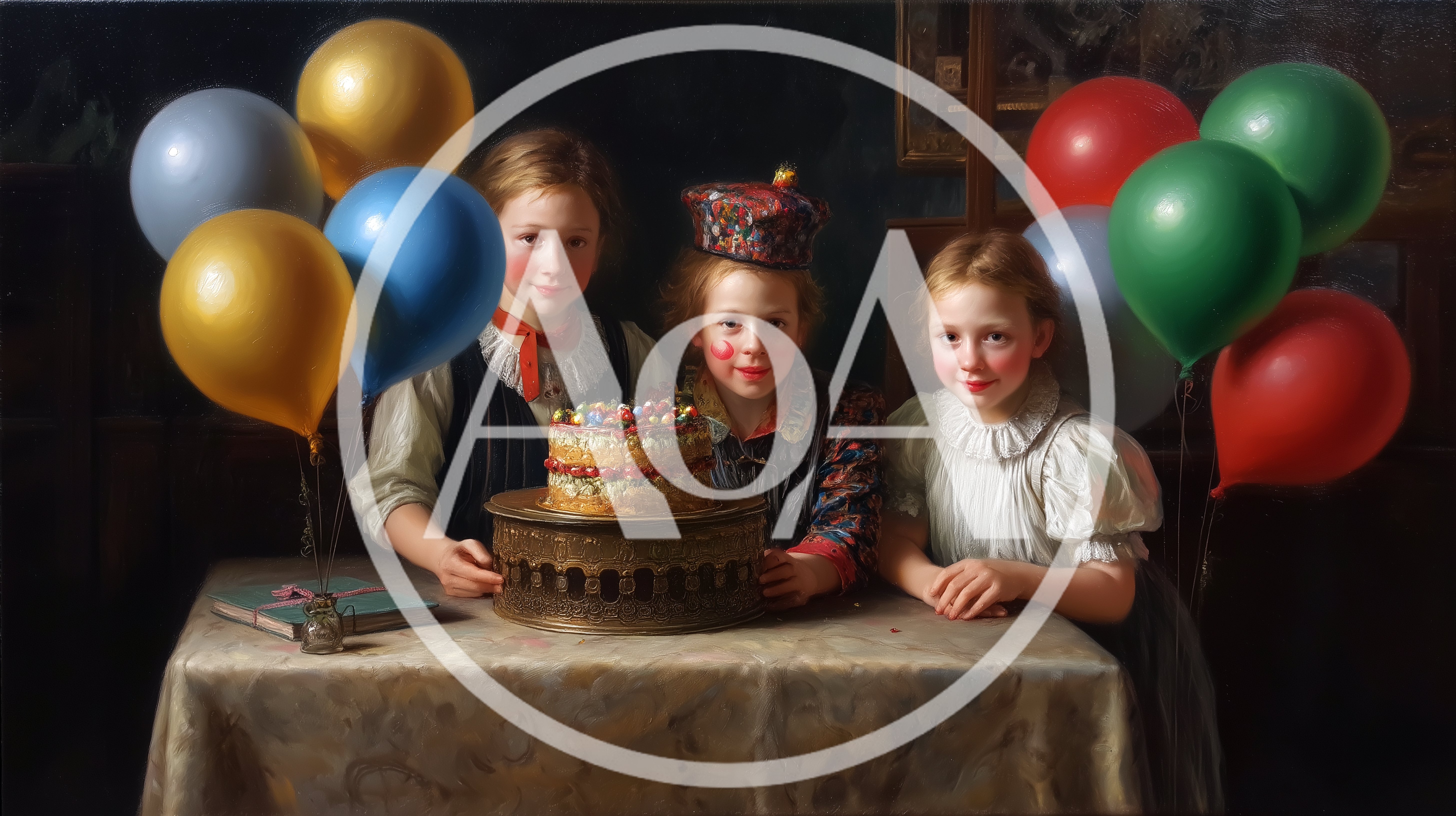 Three Children Celebrating Birthday With Cake And Balloons
