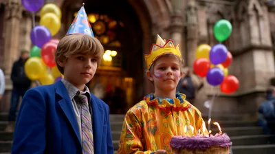 Two Young Boys Celebrating Birthday With Cake And Balloons