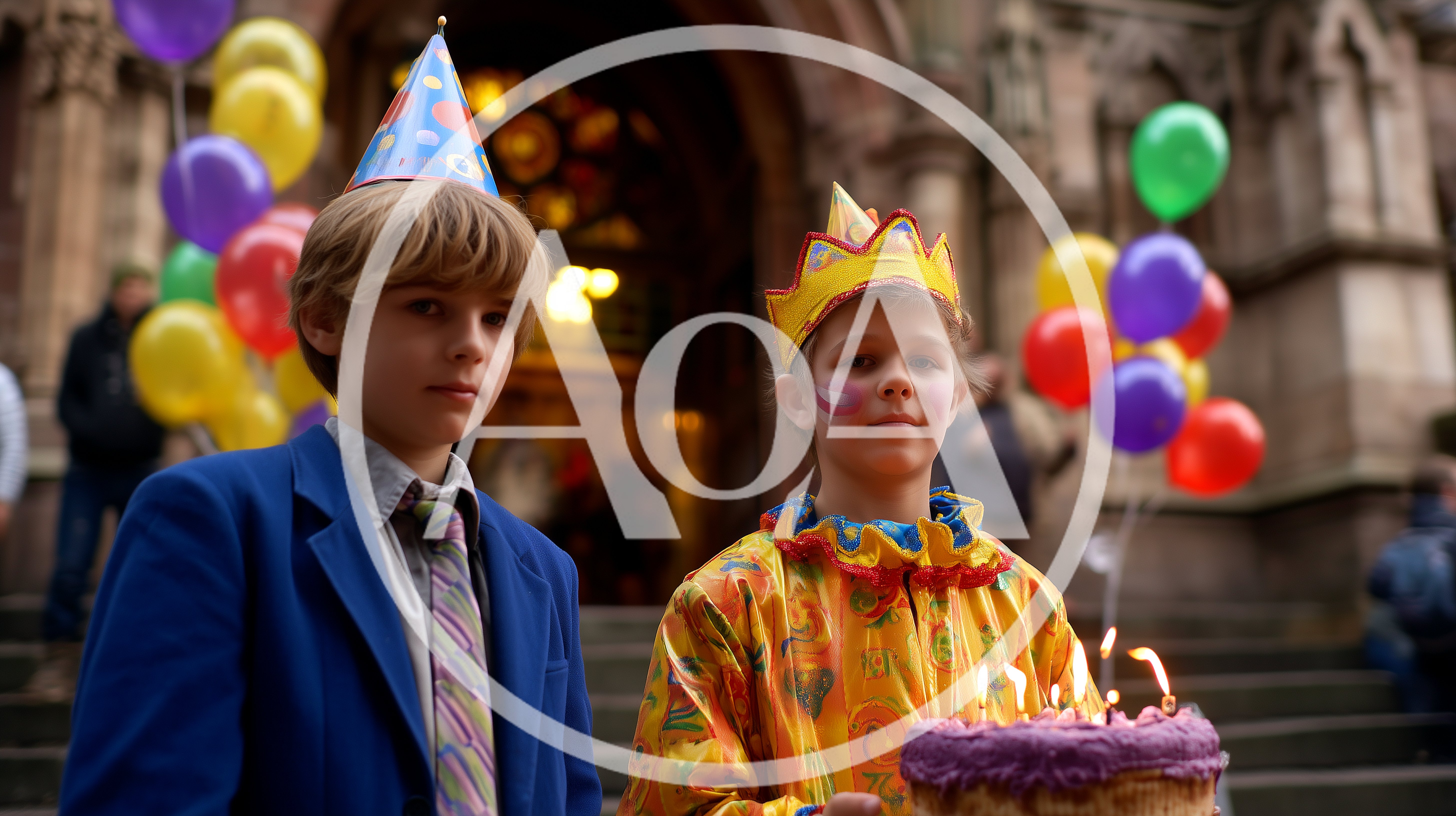 Two Young Boys Celebrating Birthday With Cake And Balloons