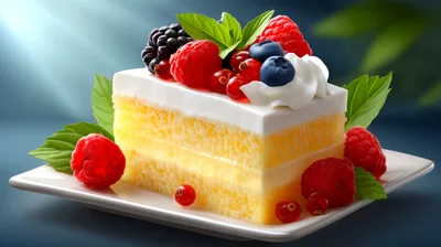 Slice Of Sponge Cake Topped With Fresh Berries