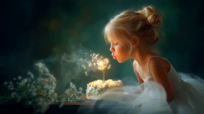 Adorable little girl blowing out candle on elegant cake, making a magical birthday wish in a dreamlike setting, perfect for heartwarming celebrations