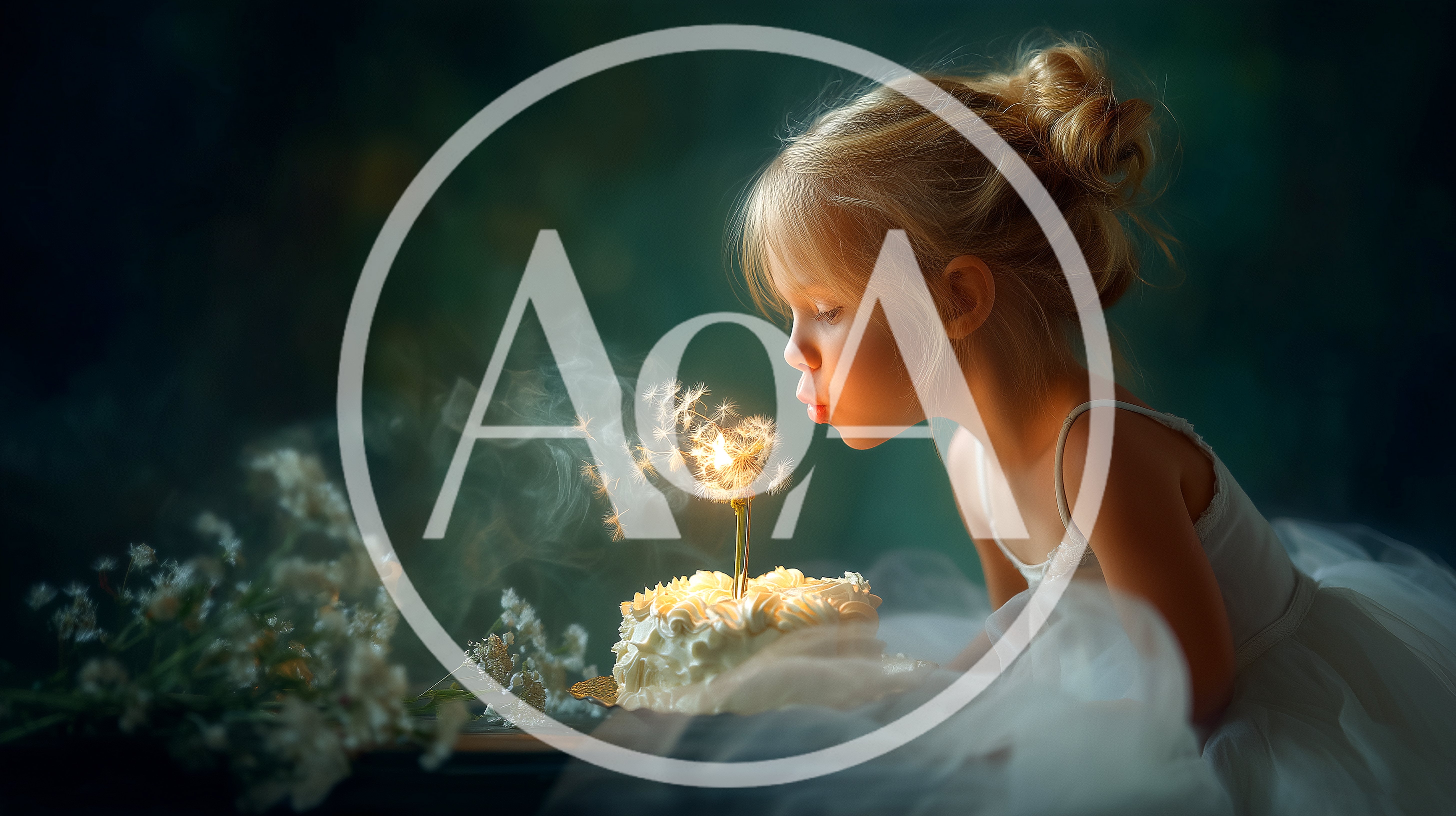 Adorable little girl blowing out candle on elegant cake, making a magical birthday wish in a dreamlike setting, perfect for heartwarming celebrations