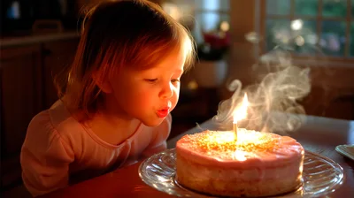Sweet little girl blowing out a birthday candle on her yummy pink cake making a special wish for happiness and joy on her special day