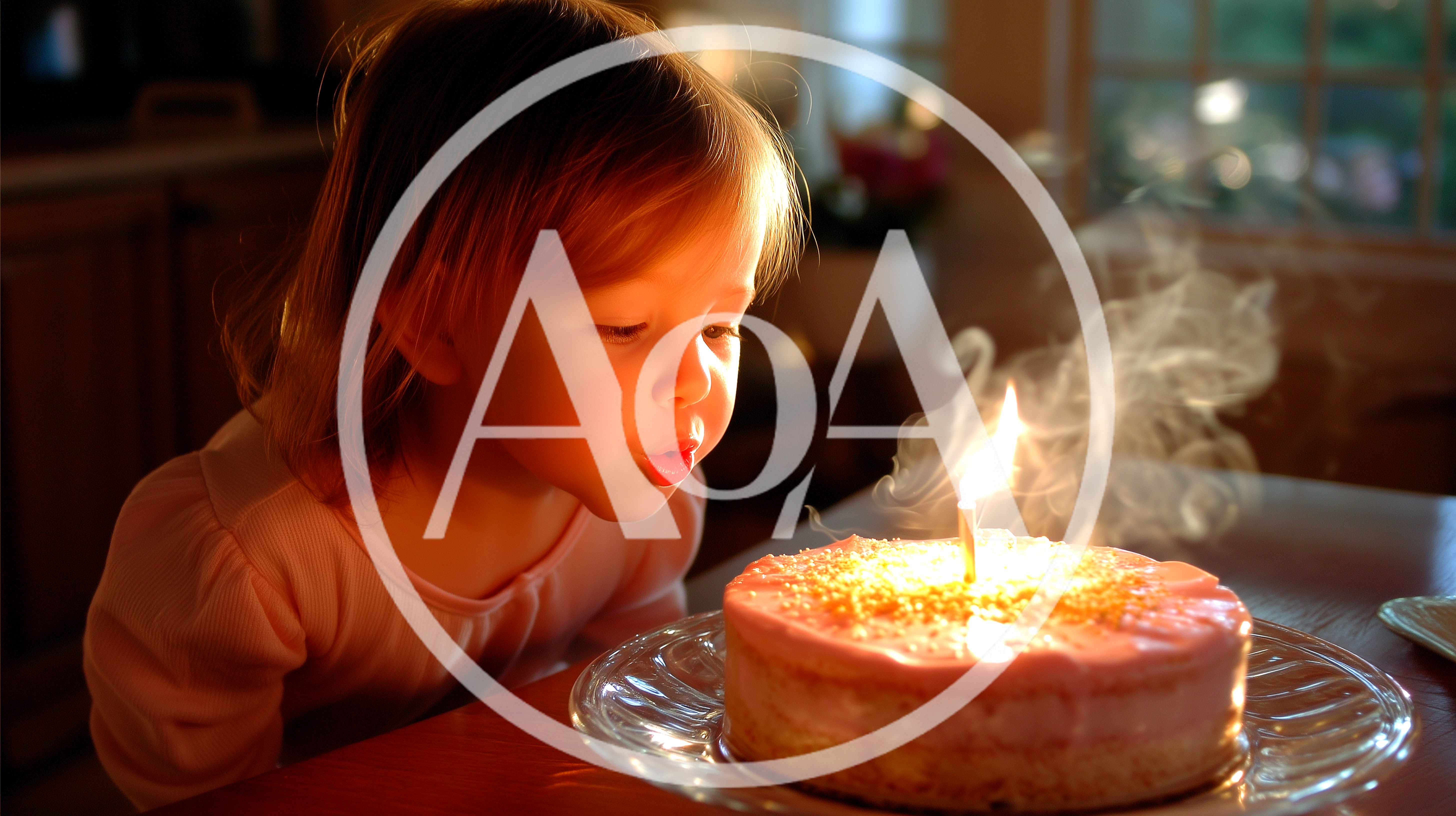 Sweet little girl blowing out a birthday candle on her yummy pink cake making a special wish for happiness and joy on her special day