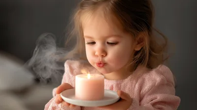 Toddler Girl Blowing Out A Pink Candle