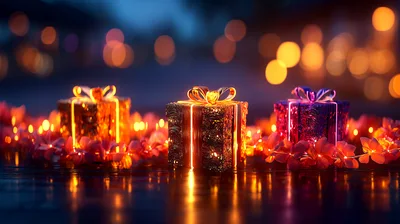 Three Glowing Gift Boxes With Festive Floral Decorations