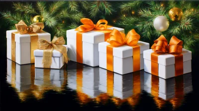 White Christmas Gift Boxes With Orange Ribbons