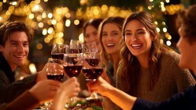 Friends Toasting With Red Wine At Evening Dinner Party