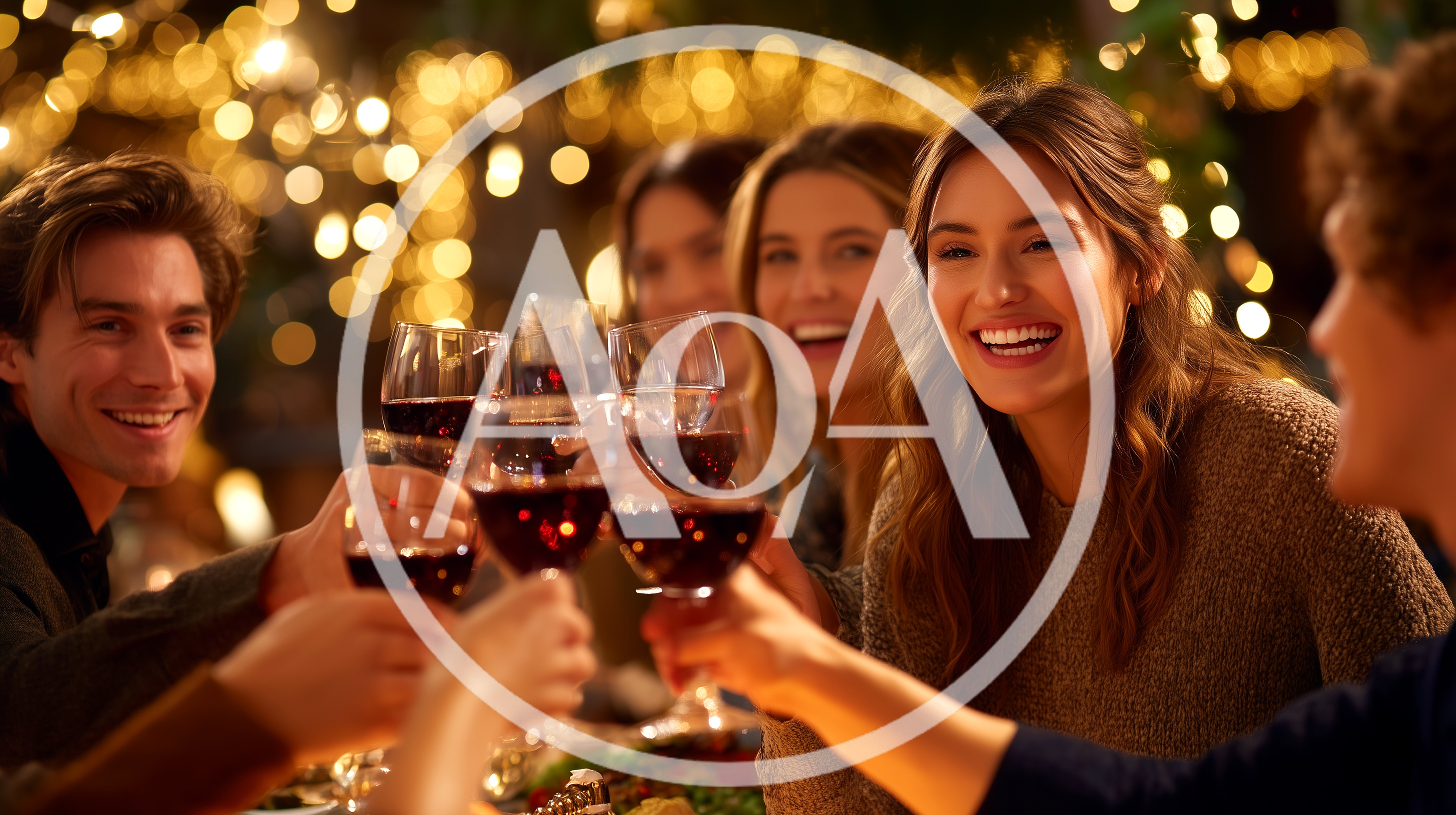 Friends Toasting With Red Wine At Evening Dinner Party