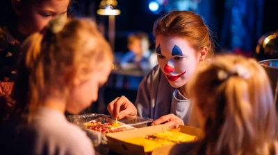 Clown Interacting With Children During A Party