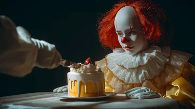 Pennywise Clown Sitting At Table With Birthday Cake
