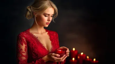 Elegant Woman Holding A Lit Red Candle