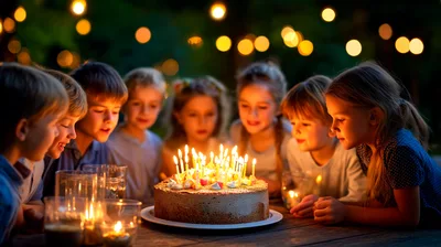 Group Of Children Celebrating Birthday With Cake